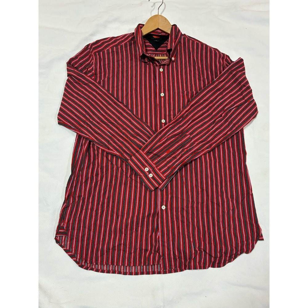 Tommy Hilfiger Men's Large L Red Black Stripe Button Down Shirt 100% Cotton
